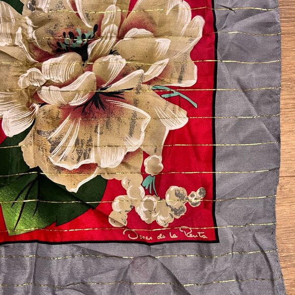 Oscar De La Renta Red Floral Silk Scarf Metallic Threading - Picture 5 of 11